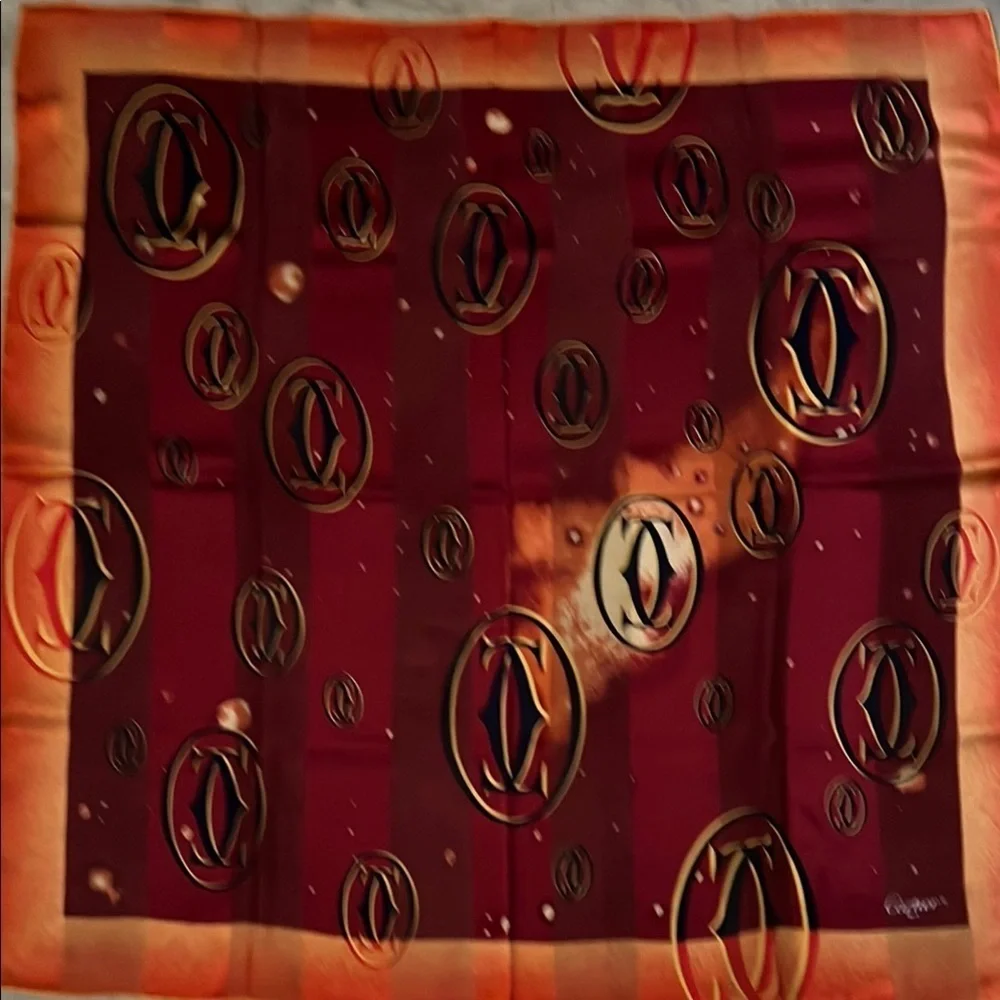 Cartier Paris Silk Scarf - Burgundy & Orange Double C Logo Print NIB